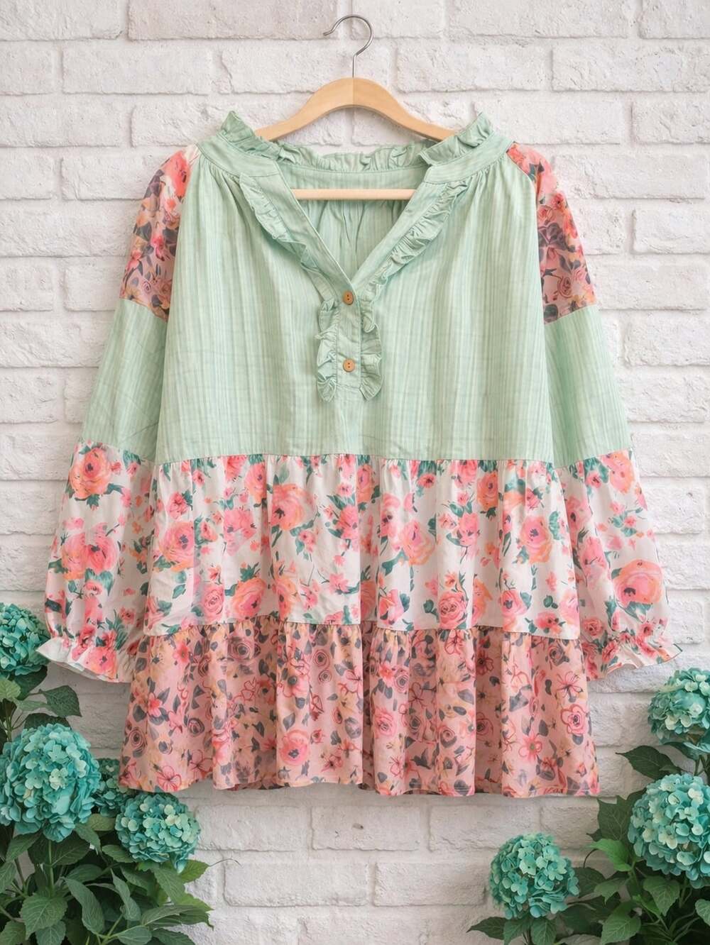 Mint and Pink Floral Block Patch Tiered Ruffle Tunic Blouse - Picture 2 of 4